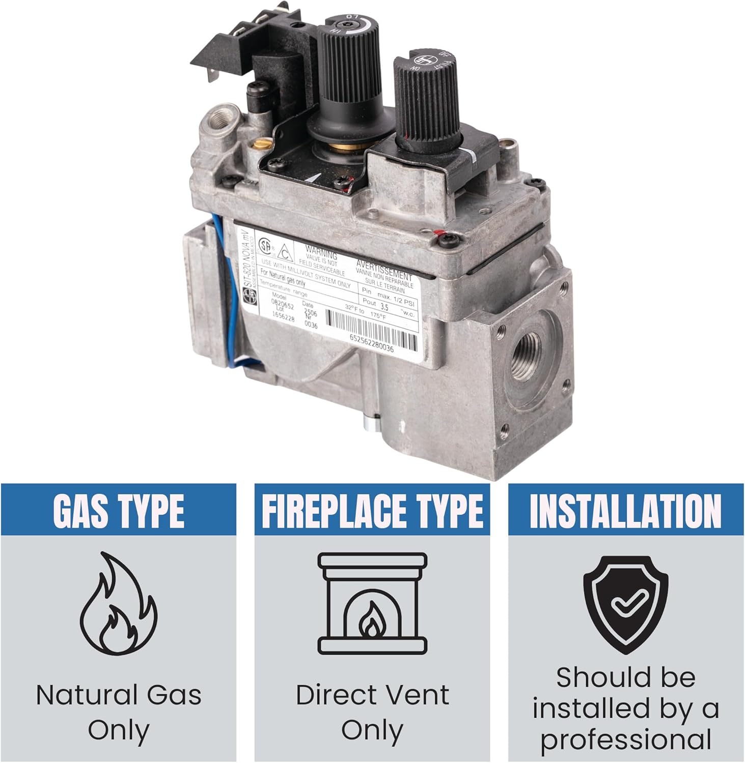 0820652 SIT 820 Nova mV Natural Gas Replacement Millivolt Gas Valve for Fireplaces, Stoves, and Gas Logs - Replacement OEM components for Direct Vent Appliances