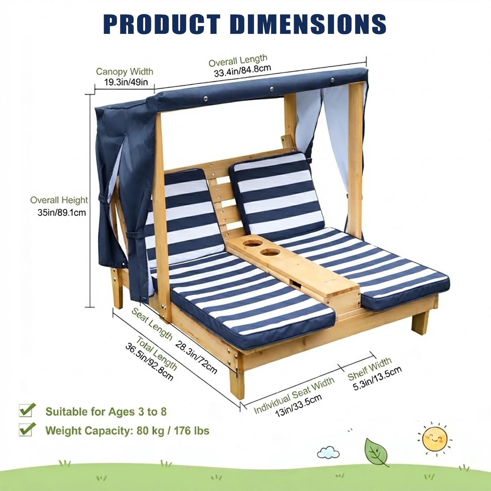 Sdraio Doppia per Bambini con Cuscino & Parasole Integrato | Lettino Da Giardino Per Bambini in Legno, Sdraio per Spiaggia & Balcone & Bordo Piscina(Blue)