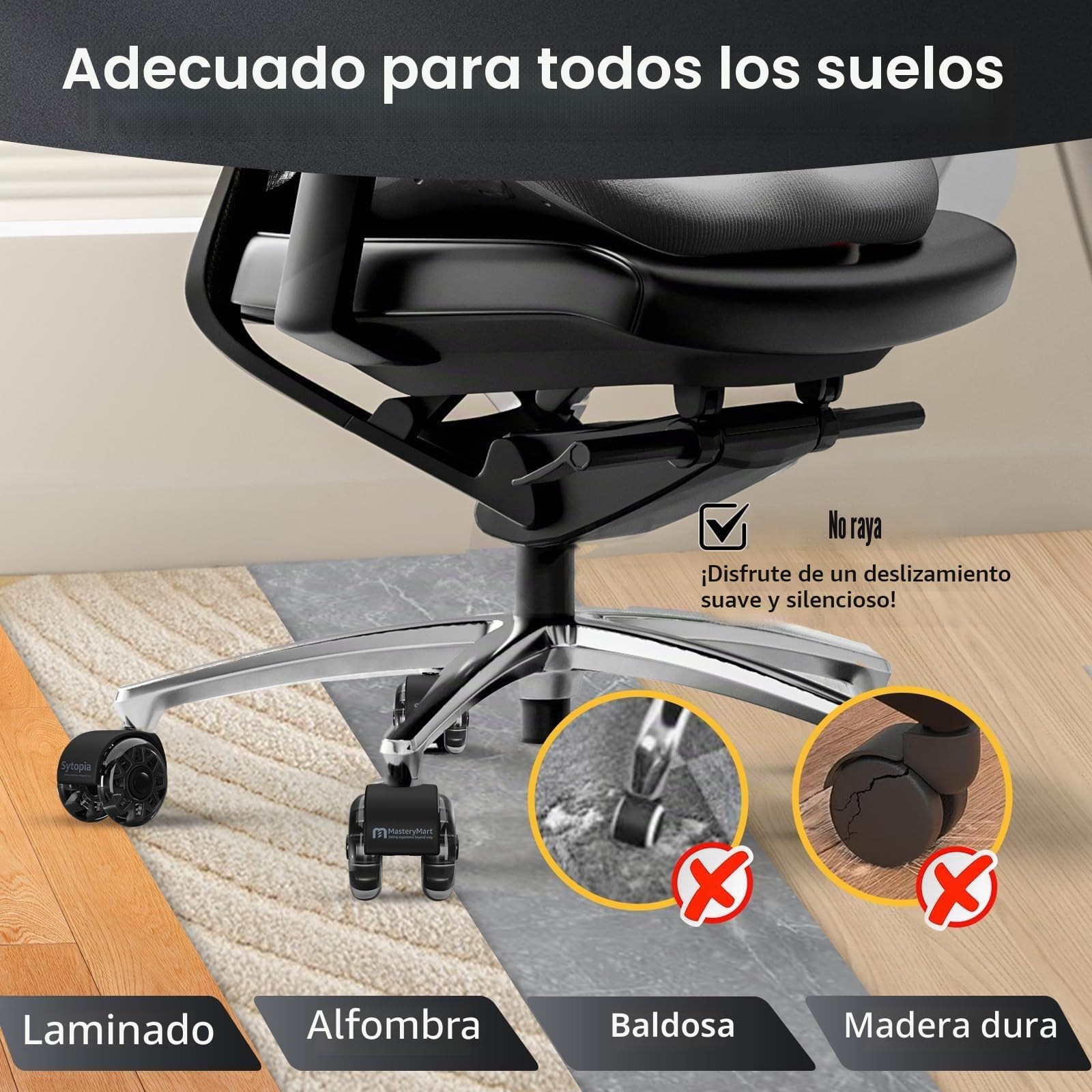Mastery Mart Juego de 5 ruedas para sillas de oficina de 11 mm, 70 mm de altura, ruedas de suelo duro, para sillas de oficina, parquet, aptas para el 98% de todas las ruedas, no para 1KEA, color negro