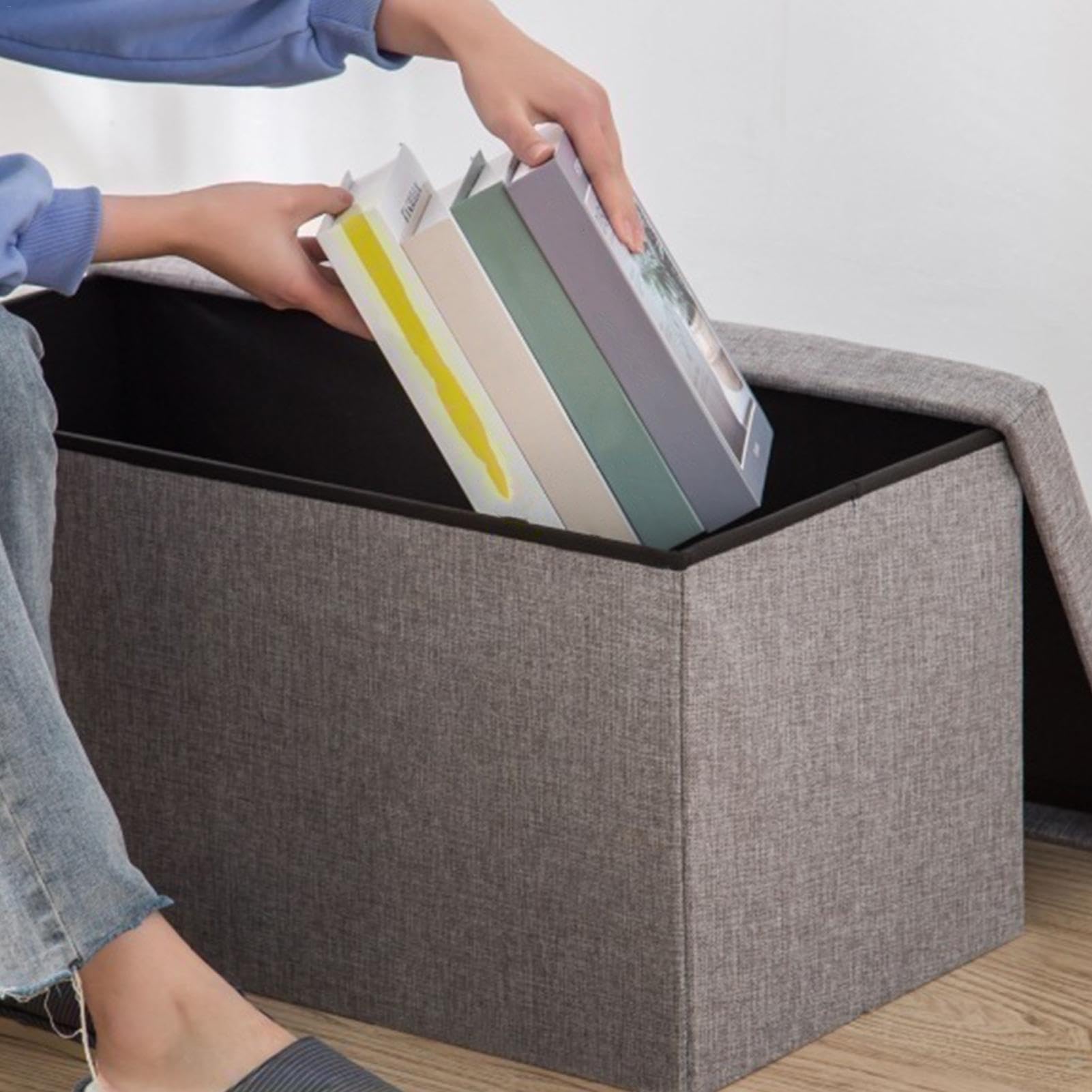 Banco otomano – Caja de almacenamiento de juguetes, taburete reposapiés | Cubo de lino de algodón de gran capacidad, otomana de almacenamiento plegable multifuncional acolchada con tapa para libros,