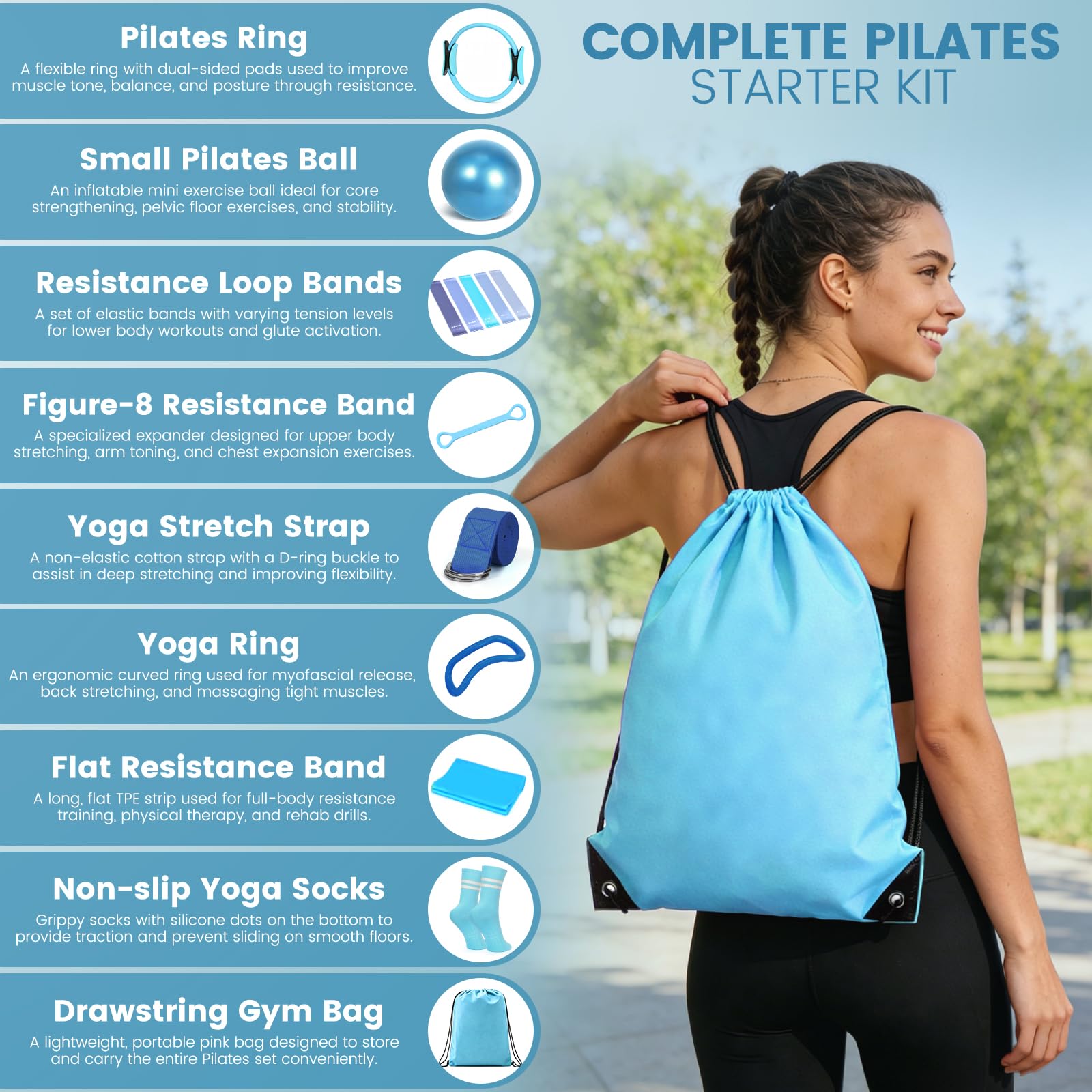 Home - Kit esencial de pilates para mujer, juego de equipo de pilates con pelota de yoga de 9 pulgadas, banda de resistencia figura 8, bandas de pilates y accesorios, juego de anillo de