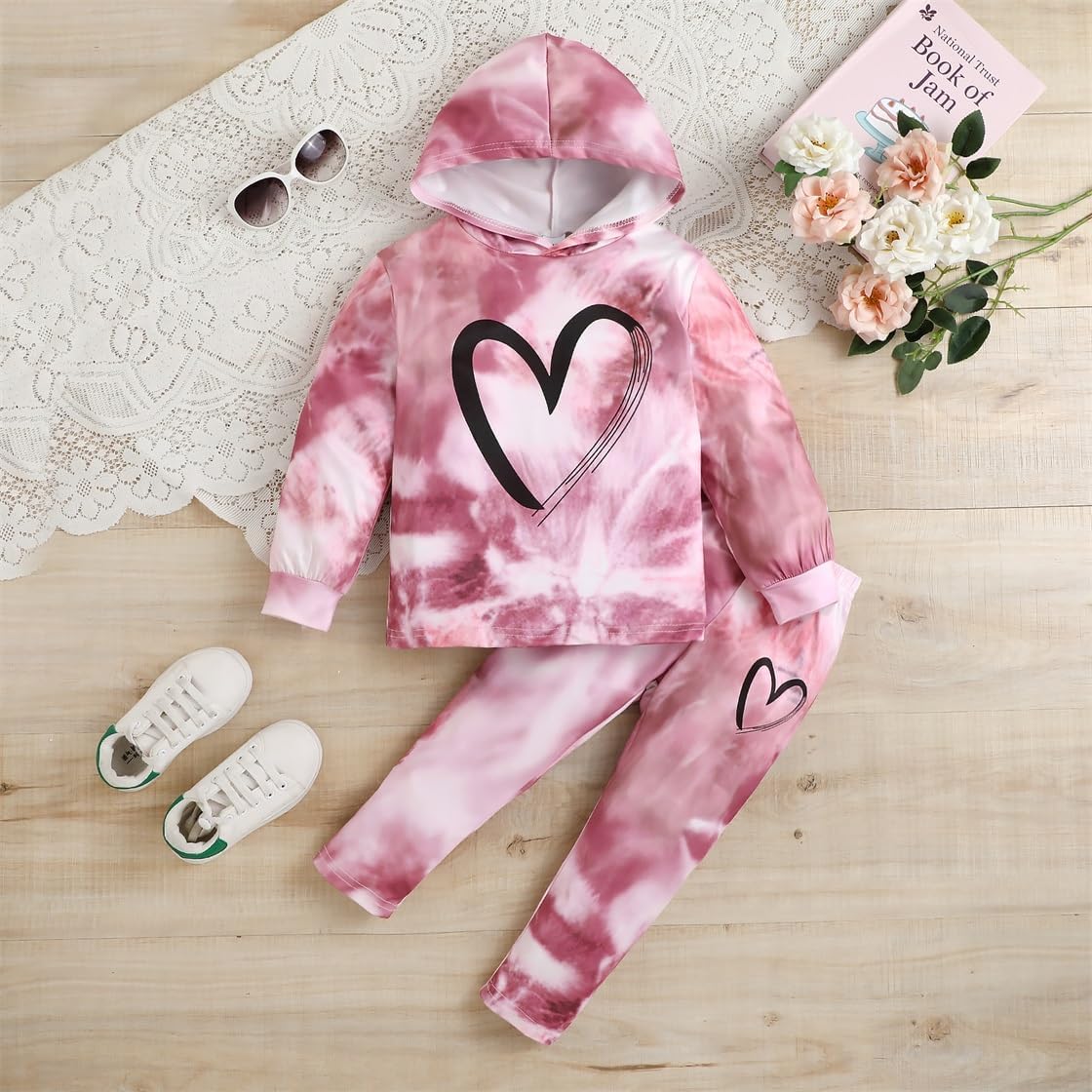 Toddler Baby Girls Clothes Long-sleeve Tie Dye Hoodie Pullover and Sweatpants Heart Print Hooded Outfits Set Rose Tie Dye 6-7T image 8 of 8 B0F83X4XDV