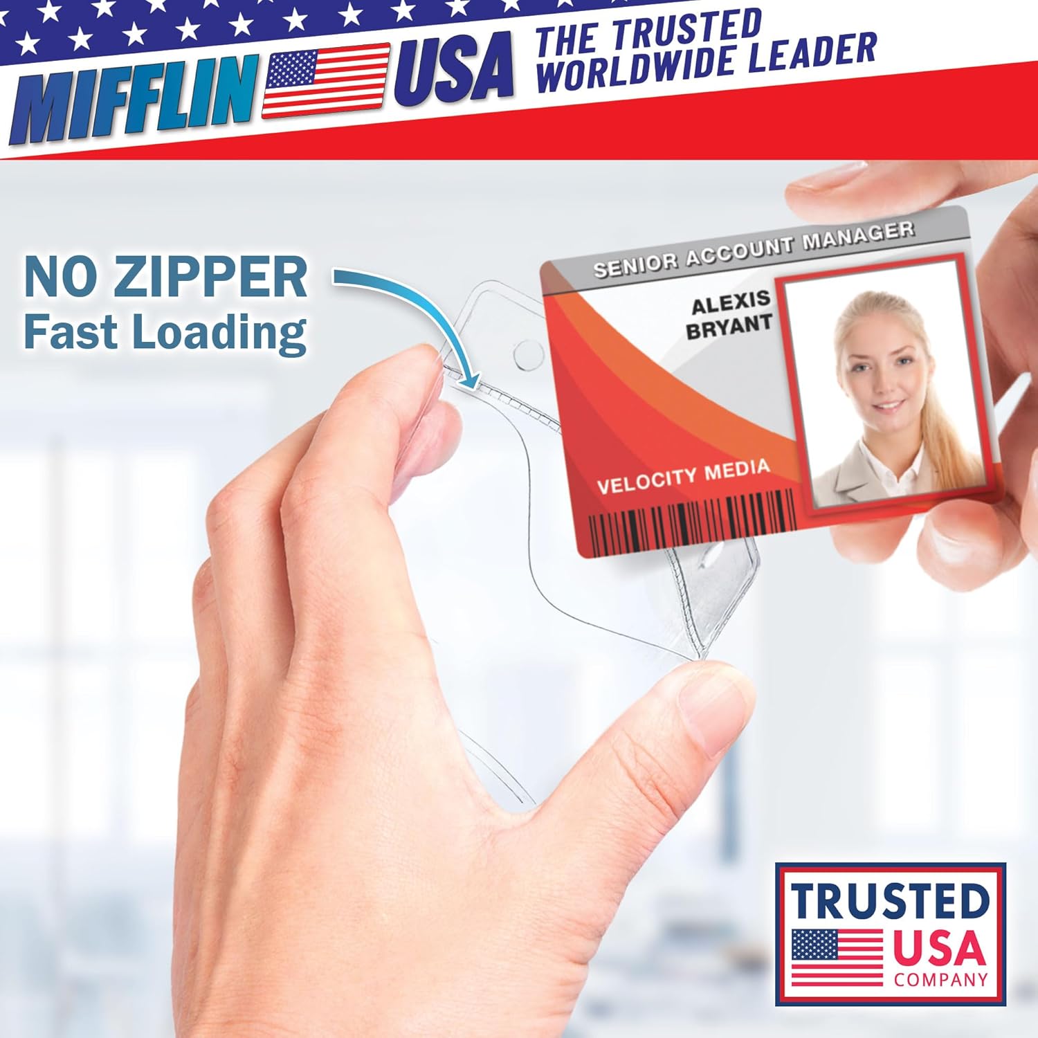Mifflin-USA Horizontal Zipperless ID Badge Holder (Clear, 3.5x2.25 Inch, 1000 Pack), Quick Load Plastic Name Card Pouch in Bulk