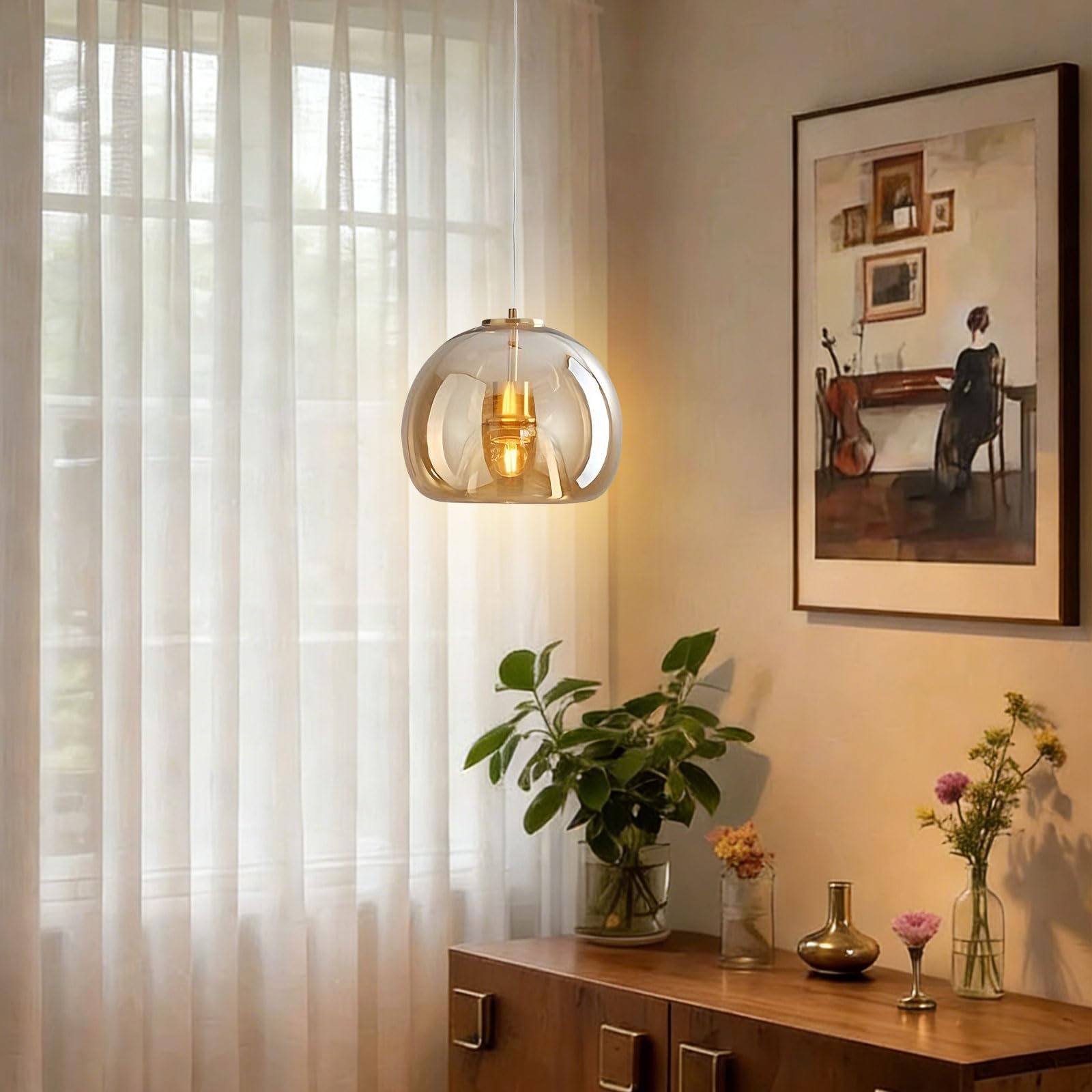 Lustre moderne en verre gris fumé/ambre, luminaires de 9 pouces en fer Art Pedant, éclairage suspendu réglable en hauteur pour chambre à coucher, cuisine, îlot, salle à manger, salon, salle d'expositi