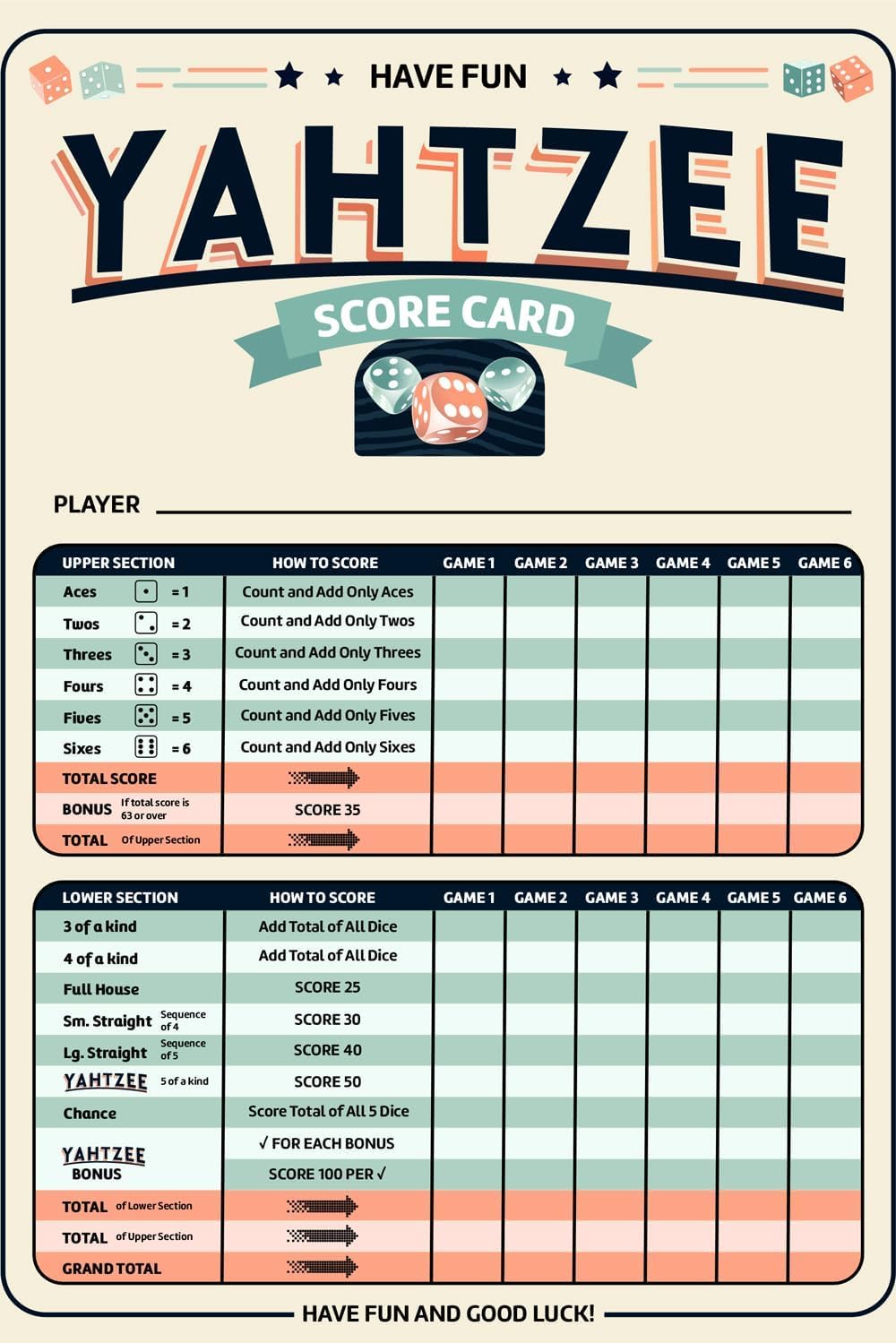 Print It Uk Score Sheets Compatible with Yahtzee – 100 Loose Double-Sided A5 Sheets (1,200 Games Total) – Full Color Premium Paper for Yahtzy, Yatzee & Dice