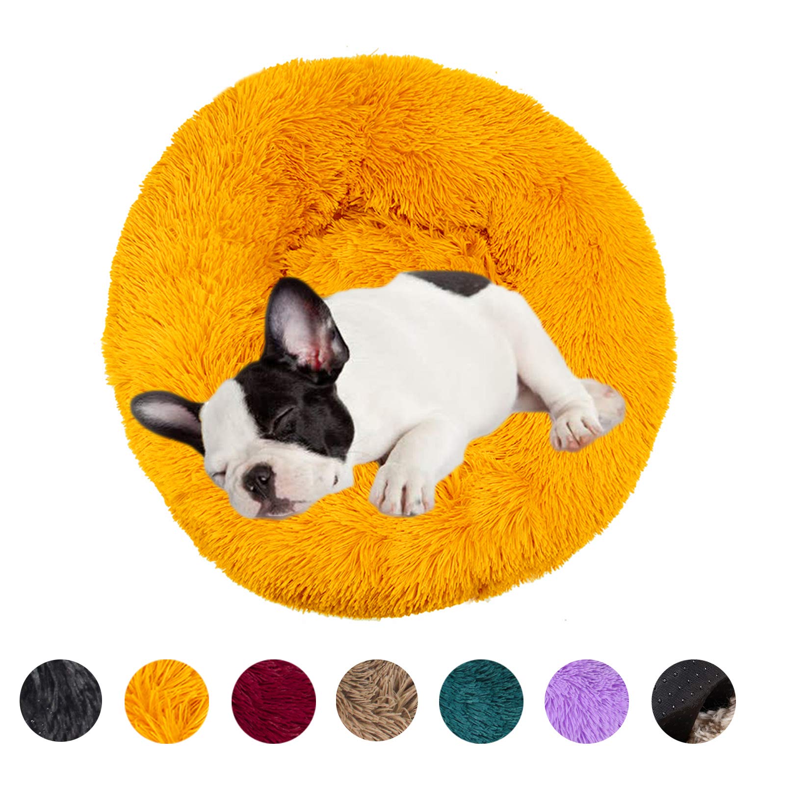 huraty Plush Dog Bed Pet Calming Fur Bed, Fluffy Donut Round Cat Beds, Anti-Slip & Anti-Anxiety, 16 Inch for Puppy and Kitties, Gold, XS