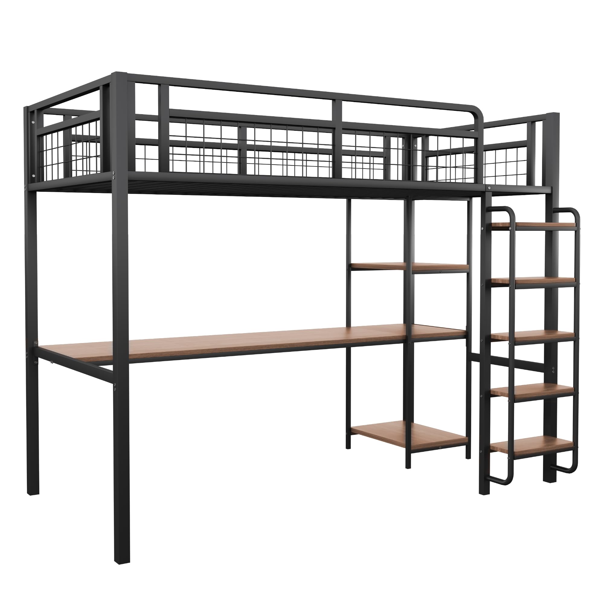 Kebnor Cama alta de metal, escalera de seguridad con peldaños, cama individual, cuna con mesa y estantes, valla de seguridad de malla metálica (sin colchón) (negro, 90 x 200 cm)