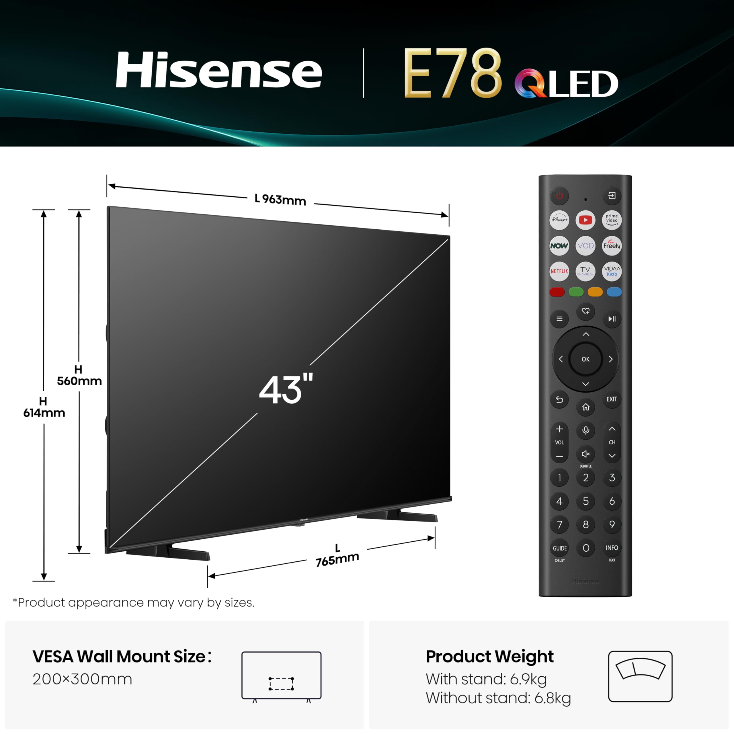 Hisense 43" 43E78QTUK QLED Smart AI TV - 4K Direct Lit Viewing, Quantum Dot Colour, Hi-View AI Engine, Dolby Vision, Dolby Atmos with Freely, Disney +, YouTube, Netflix — view 4