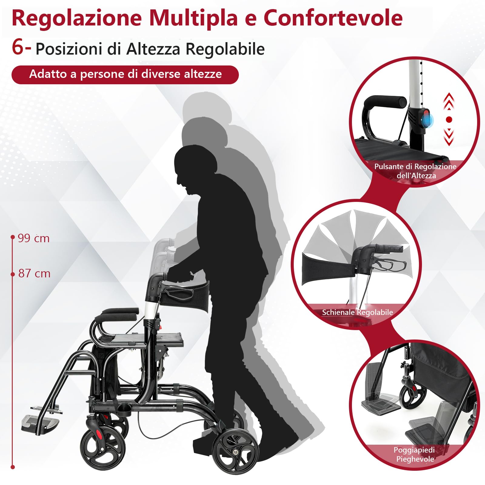GYMAX Deambulatore 2-in-1 con Sella, Passeggio per Anziani Pieghevole con Altezza Regolabile, Borsa di Stoccaggio Rimovibile, Sedia a Rotelle in Alluminio Leggera, Nero