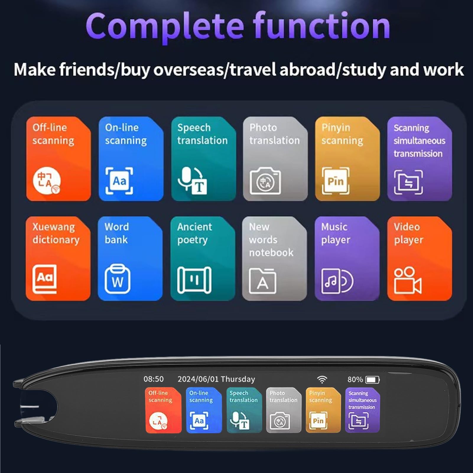 Übersetzerstift, 142 Sprachen Smart Voice Pen Scanner, LCD Touchscreen Text zu Sprache Gerät für Legasthenie, Digitaler Textmarker Stiftleser, Prüfungslesestift für Studenten