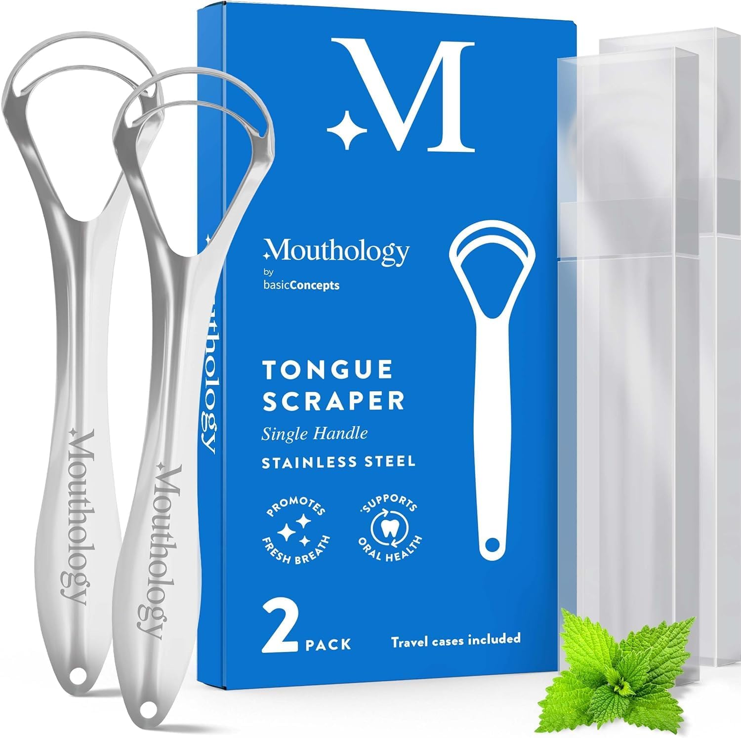 Mouthology Tongue Scraper (2 Pack) Dual Scraping Head, Reduce Bad Breath (Travel Cases Included), Stainless Steel Tongue Cleaners, 100% Metal Tongue Scrapers Fresher Breath