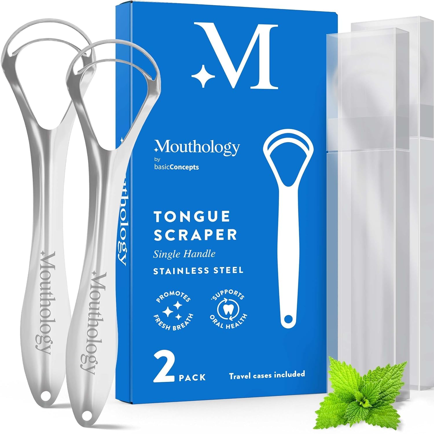 Mouthology Tongue Scraper (2 Pack) Dual Scraping Head, Reduce Bad Breath (Travel Cases Included), Stainless Steel Tongue Cleaners, 100% Metal Tongue Scrapers Fresher Breath