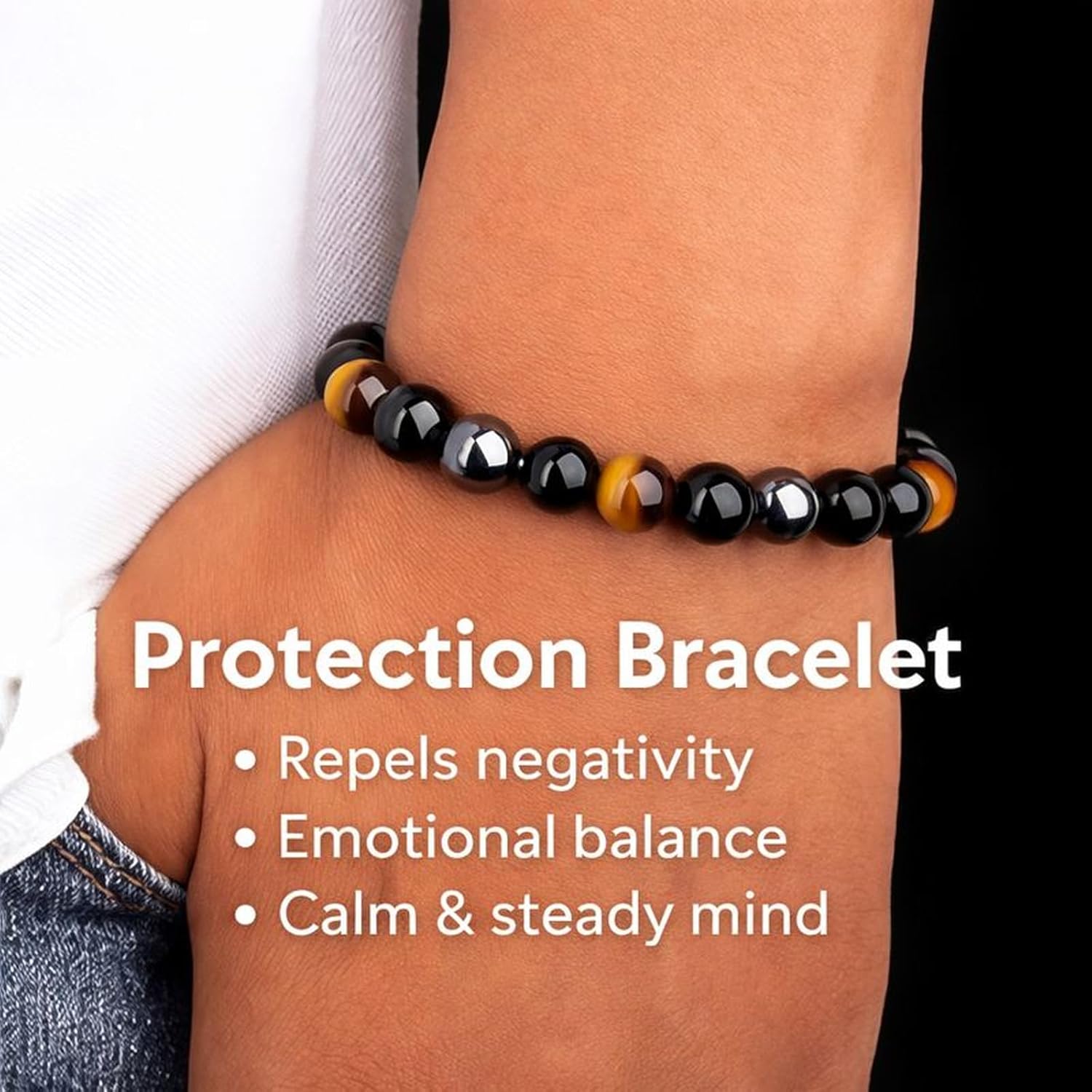 Handmade Triple Protection Bracelet – Tiger Eye, Hematite & Obsidian 8mm Natural Crystal Beads, Healing Natural Stones for Strength, Energy & Balance, Men & Women, 7.48 Inches – Supports Chakra Healing - Image 7