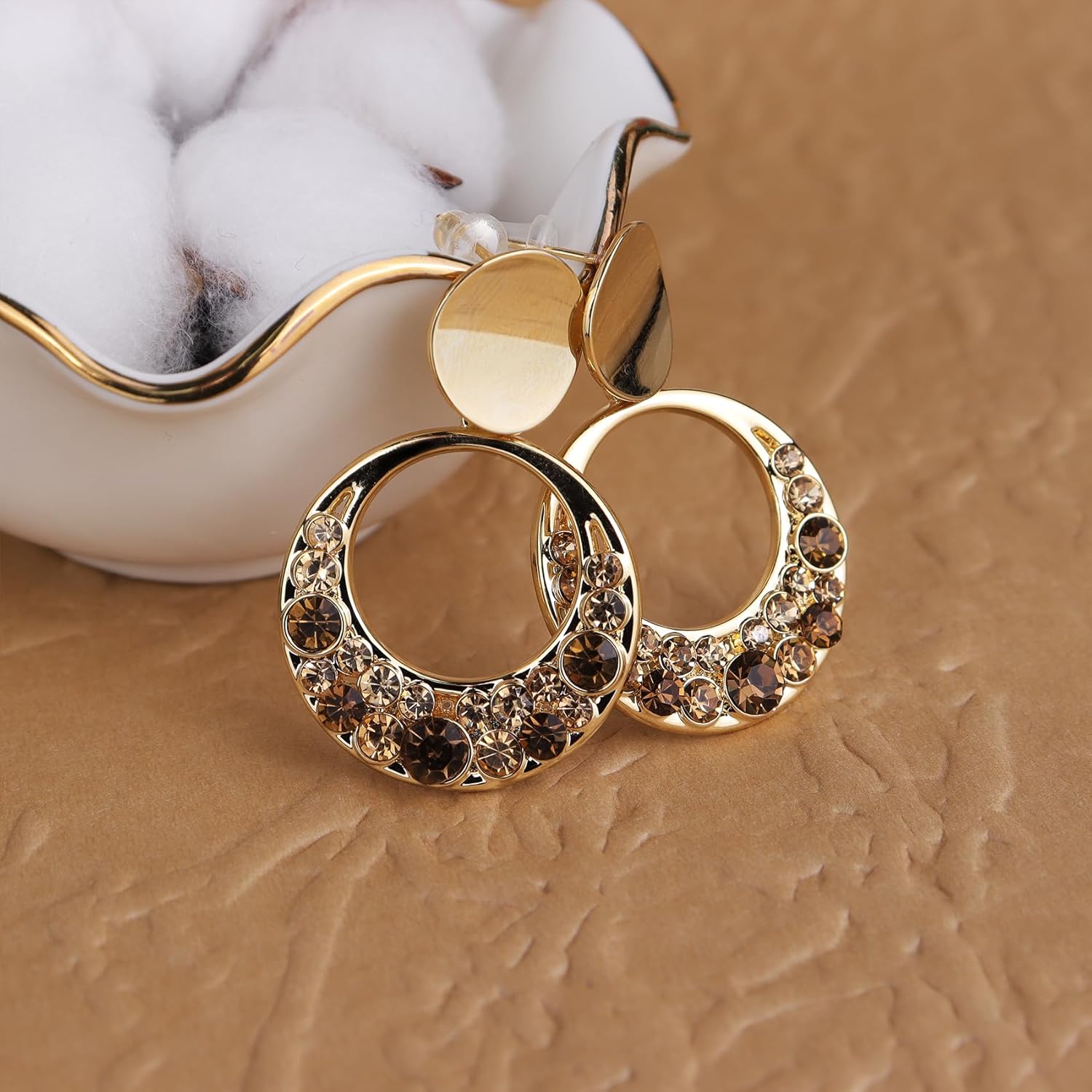 JeanBeau Chunky Gold Double Circle Hoop Drop Dangle Earrings for Women, Trendy Statement Large Round Geometric Brown Rhinestone CZ Dangling Earing Fashion Jewelry Gift - Image 4