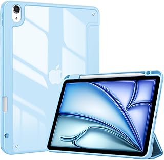 جراب حماية لجهاز اي باد اير 5 2022/ اي باد اير 4 2020 10.9 بوصة من بروكيس، مع حامل قلم، جراب خلفي شفاف ثلاثي الطيات، جراب واقي أنيق لجهاز اي باد اير 10.9 بوصة الجيل الخامس/الرابع - أزرق سماوي