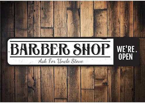 Barber Shop Sign, We're Open Sign, Custom Hairstylist Sign, Hairdresser Barber Name Aluminum Decor - 6 x 24