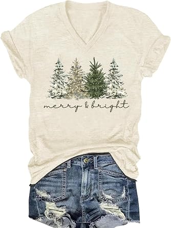 Womens V Neck Christmas Shirt Merry Christmas Graphic Tees Funny Holiday Xmas T-Shirts Winter Gift Tops
