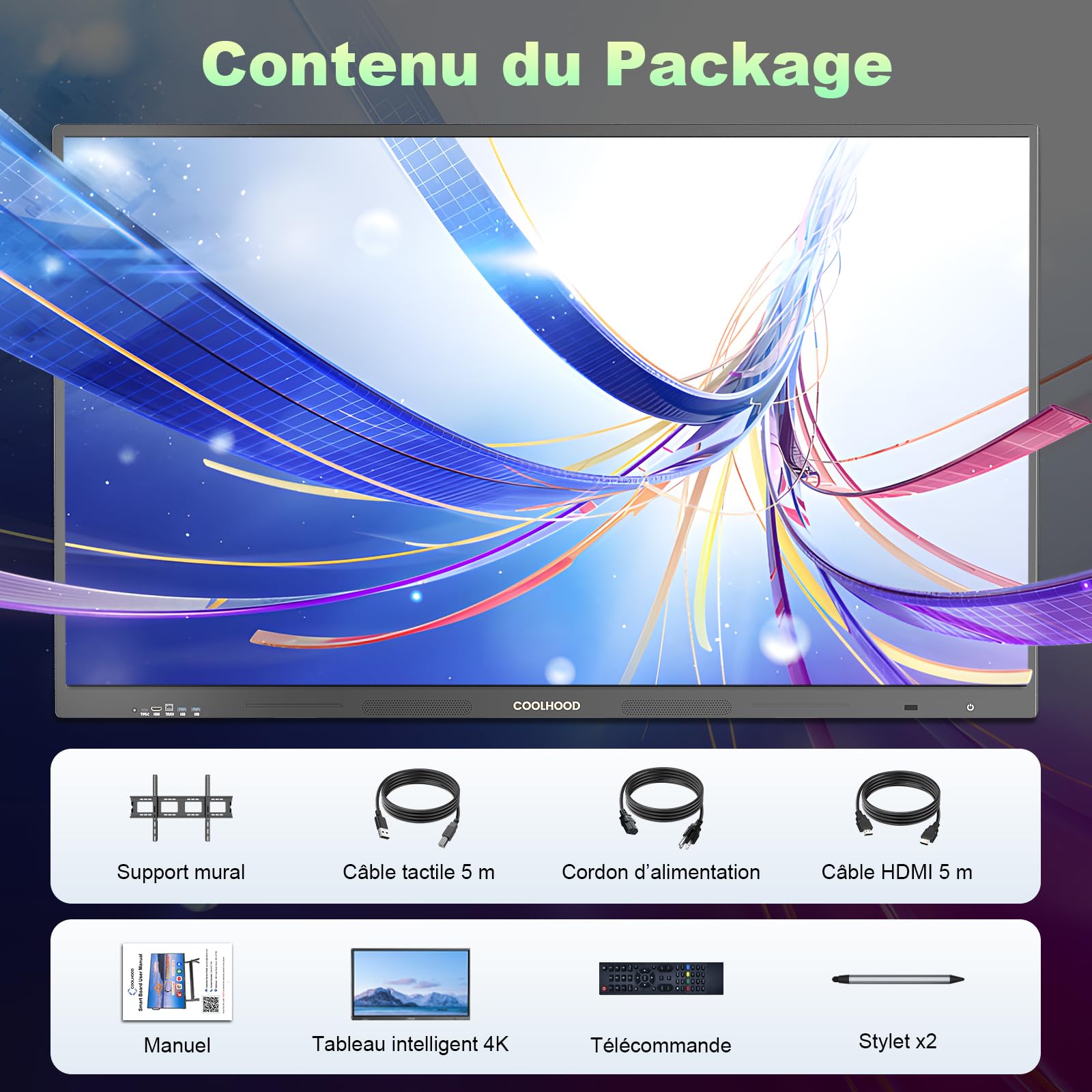 Tableau Blanc Interactif 65" 4K UHD, Écran Tactile Intelligent Tout-en-Un avec Android 13 et 128 Go, Ecosystem, Wi-Fi & Bluetooth pour Bureau, École, Entreprise(Tableau & Support Mural Uniquement)
