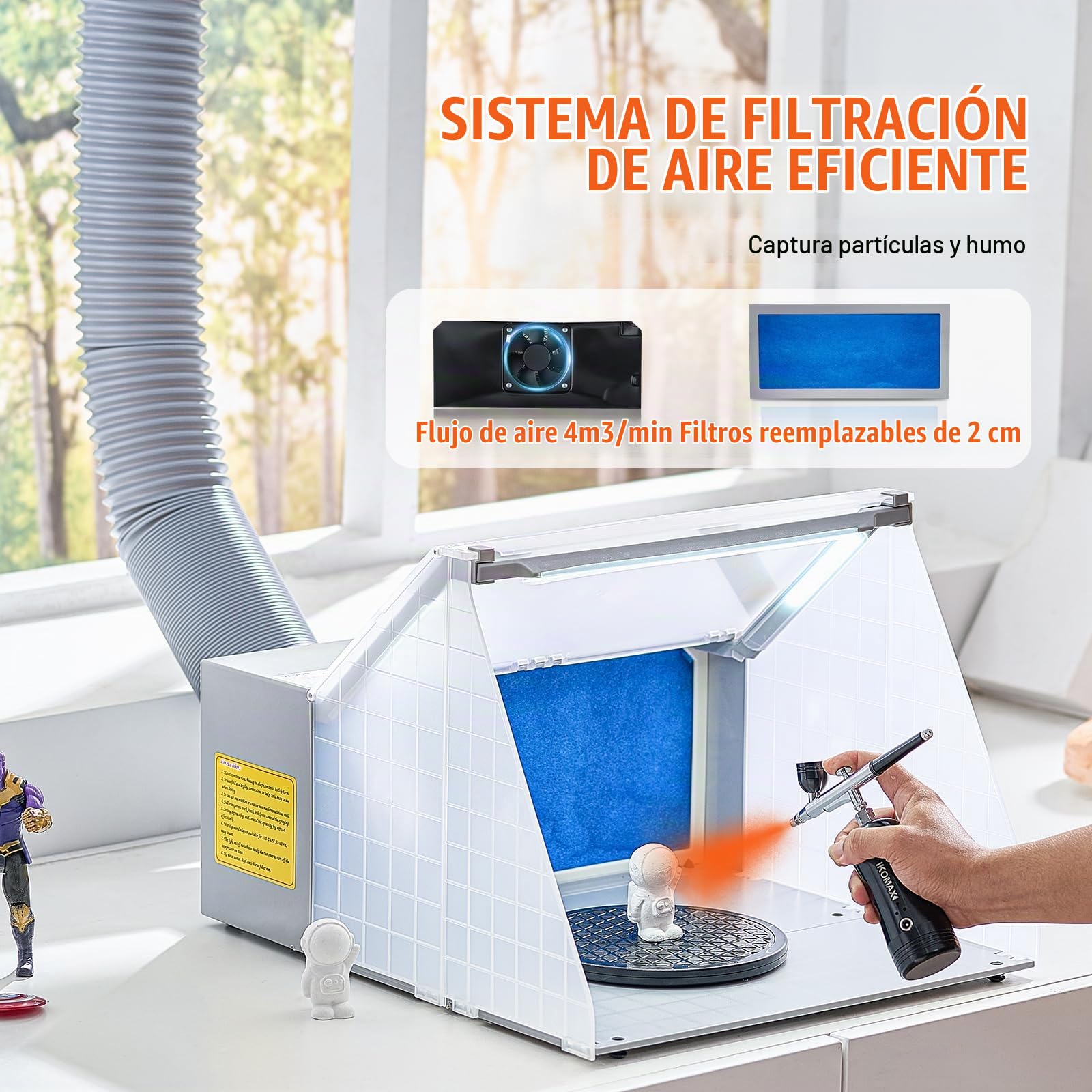 VEVOR Cabina de Pintura con Aerógrafo Portátil con Luces LED, Extractor de Aire y Manguera de Extensión de Escape Cabina de Pintura con Aerógrafo para Pintar Modelos, Artes, Manualidades y Pasteles
