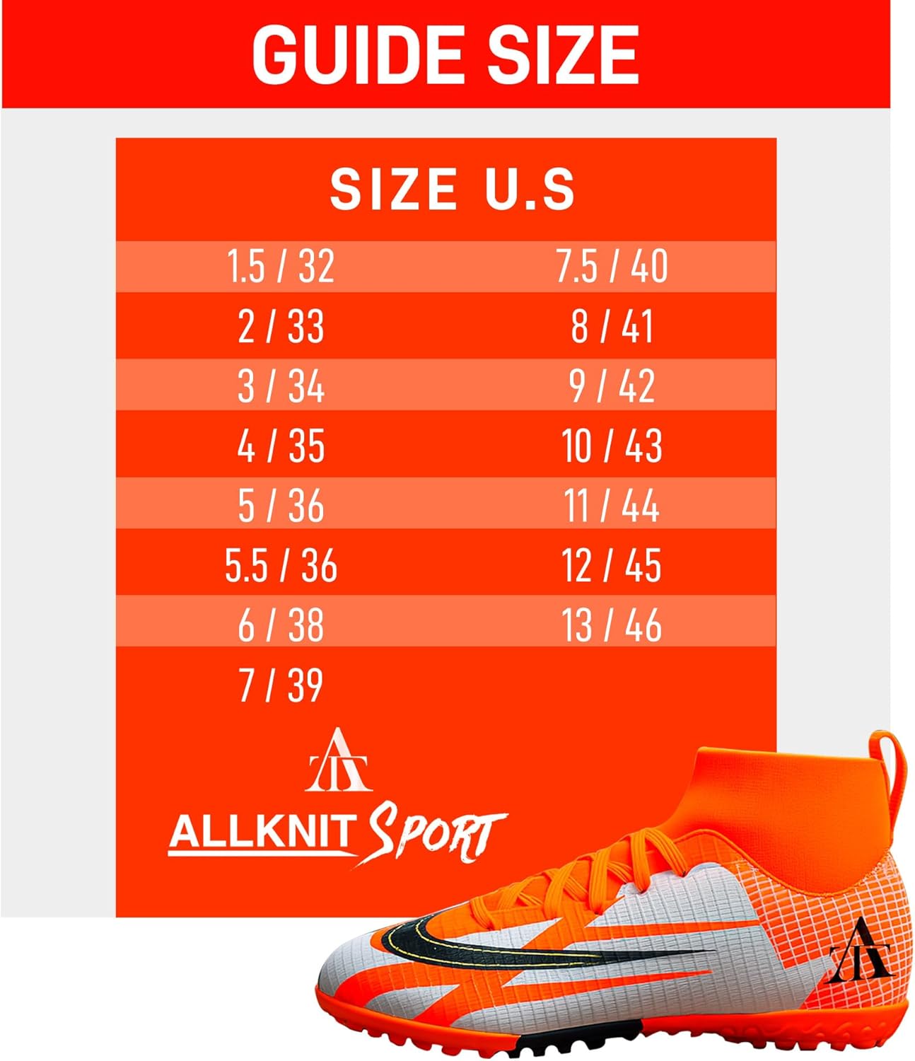 ALLKNIT Men's Soccer Shoes High-Tops Lace-Up Non-Slip Spikes Indoor Football Futsal TF Turf Cleats Orange/Grey