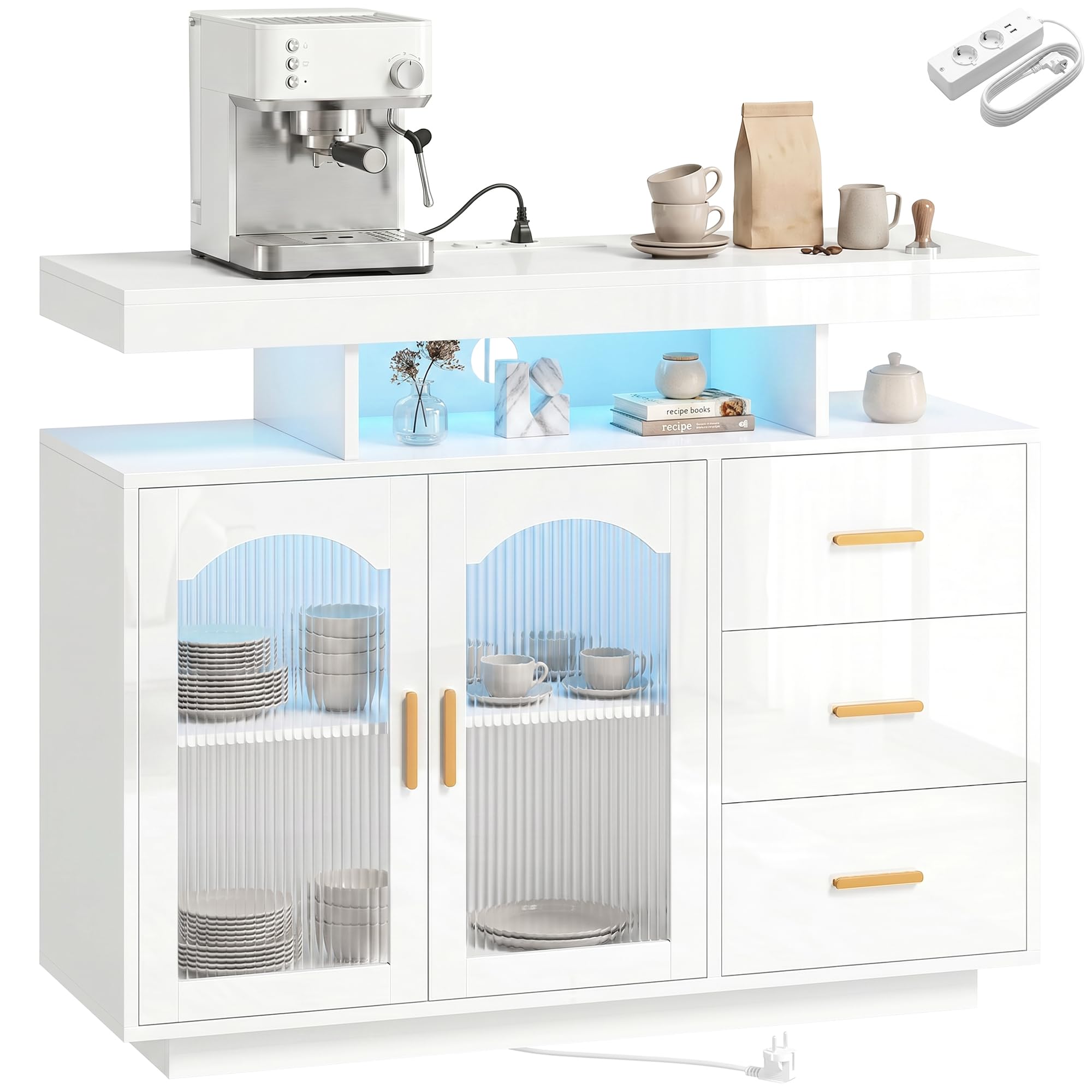 HOMCOM Küchenschrank mit LED, Steckdosen 100x35x80 cm Hochglanz Weiß | Sideboard, 3 Schubladen, 2 Acryl-Türen, Buffetschrank, Soft-Close-Funktion, für Küche, Esszimmer
