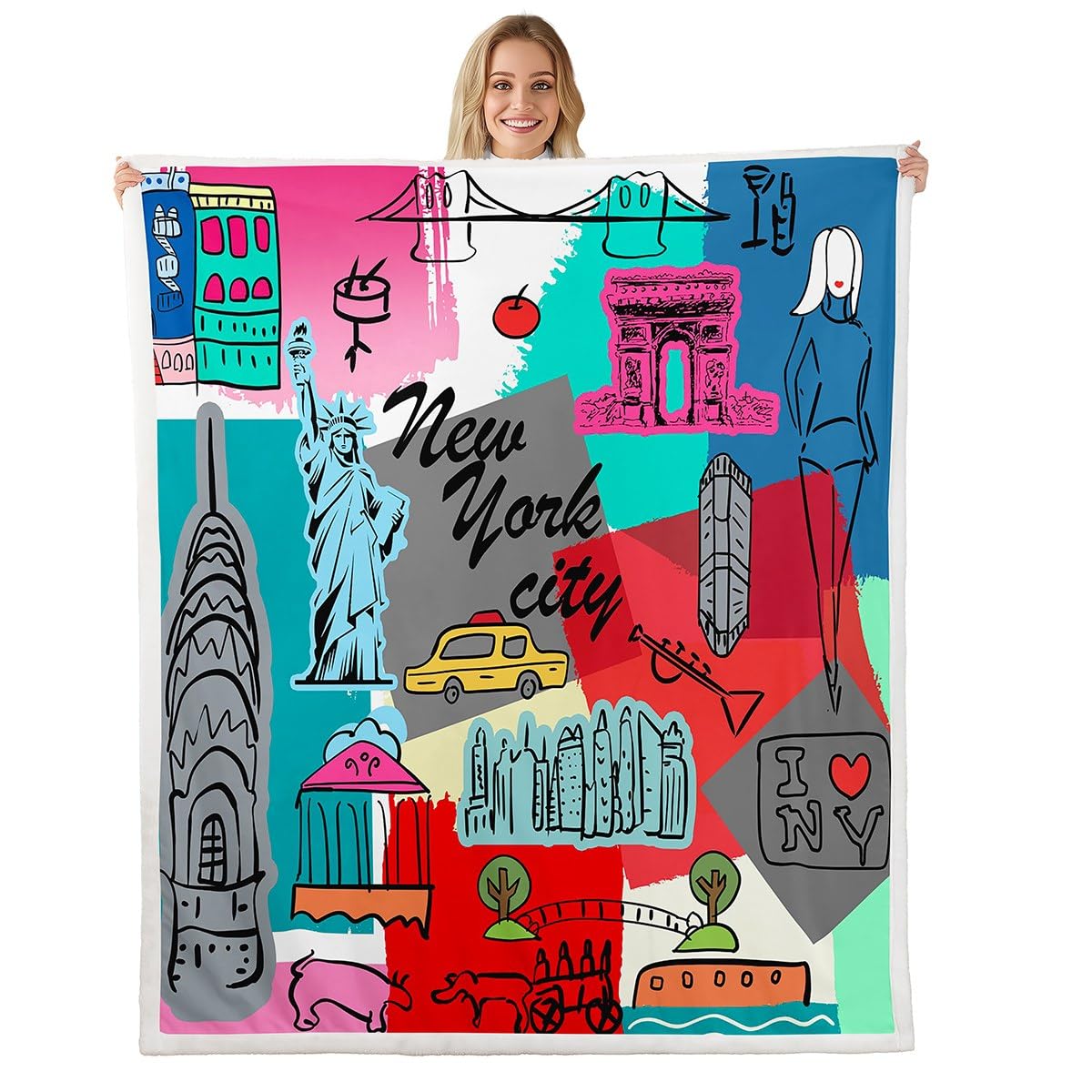 Statue of Liberty Fleece Throw Blanket New York Cityscape Sherpa Blanket for Bed Sofa Couch Famous City Scene Plush Blanket Historical Scenery Fuzzy
