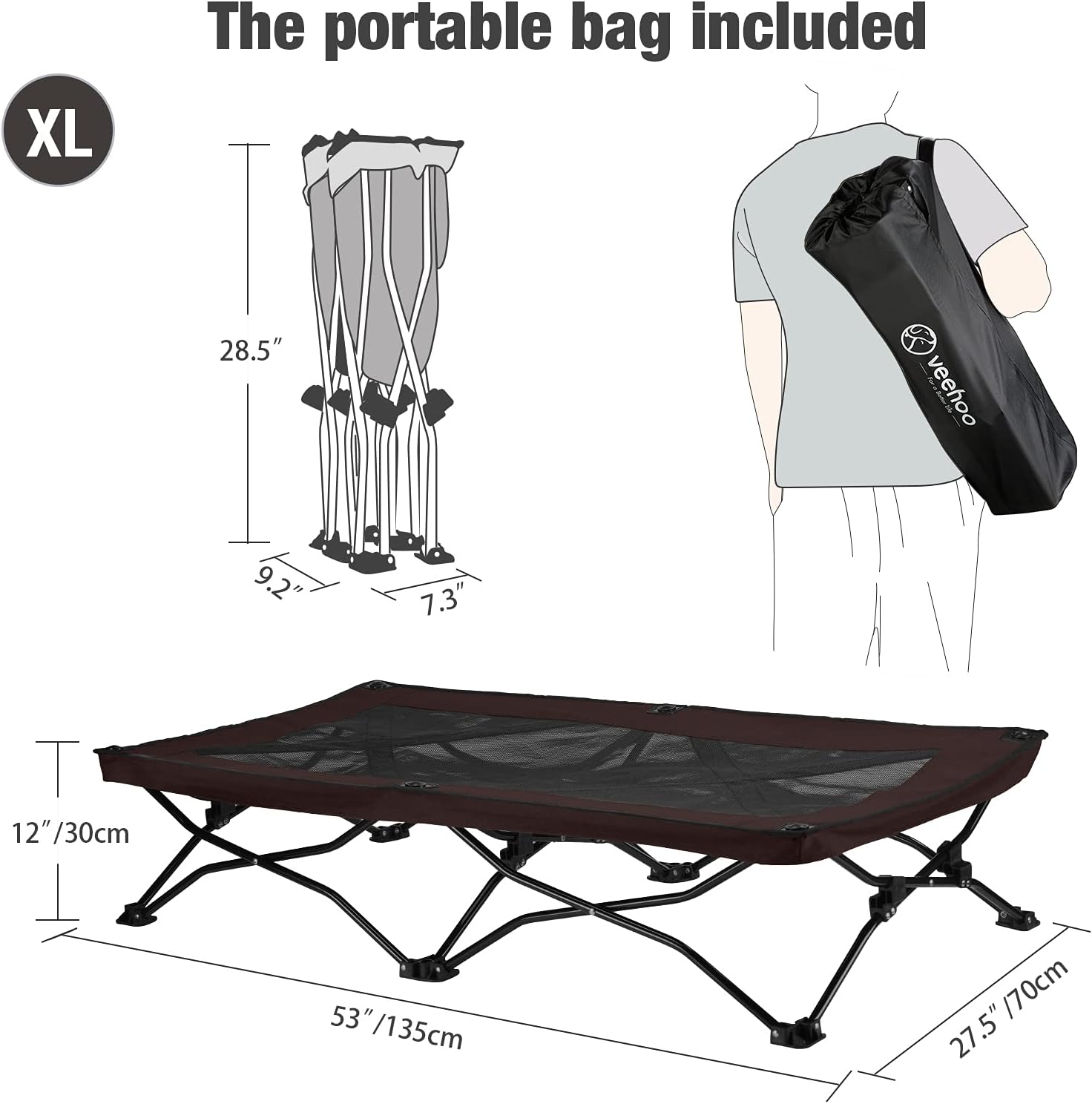 Veehoo Folding Elevated Dog Bed - Portable Raised Dog Cot for Camping, No Assembly Required, Cooling Pet Bed with Breathable & Washable Tesline Mesh for Indoor or Outdoor Use, X-Large, Brown