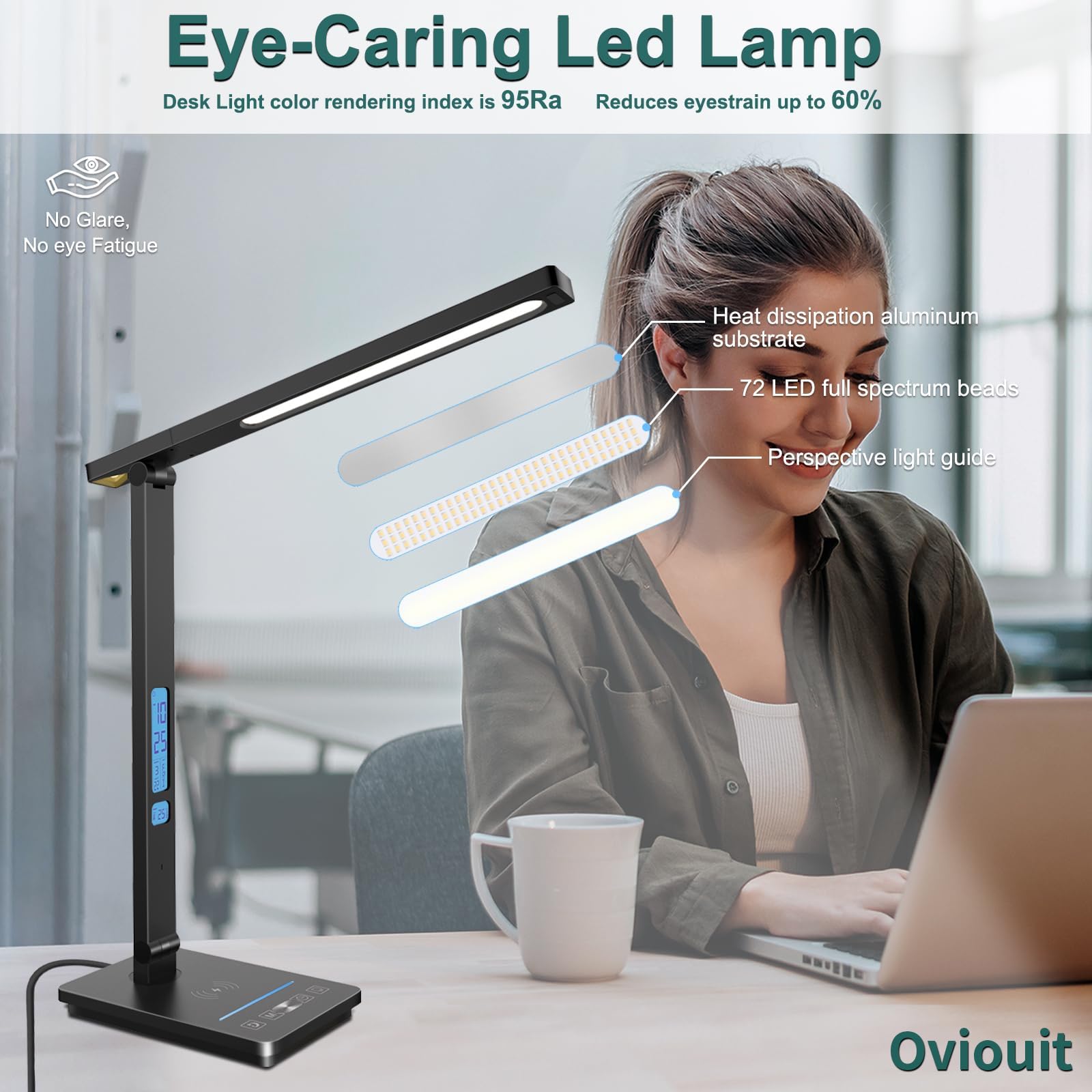 Lámpara de escritorio inteligente 10 en 1, luz de escritorio para Colleage Drom Room Office, lámpara de mesa con luz nocturna, lámpara para escritorio con cargador inalámbrico de 10 W, lámpara táctil 3