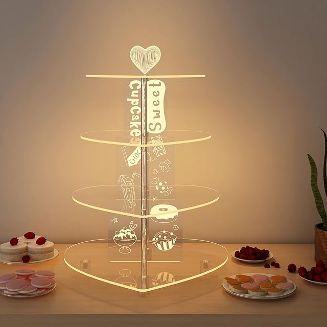 Ammonite Cupcake Stand Heart Acrylic Cupcake Tower Display Premium Cupcake Holder Candy Bar Party Décor  4 Tier Acrylic Display for Pastry LED Light Ideal for Weddings, Birthday