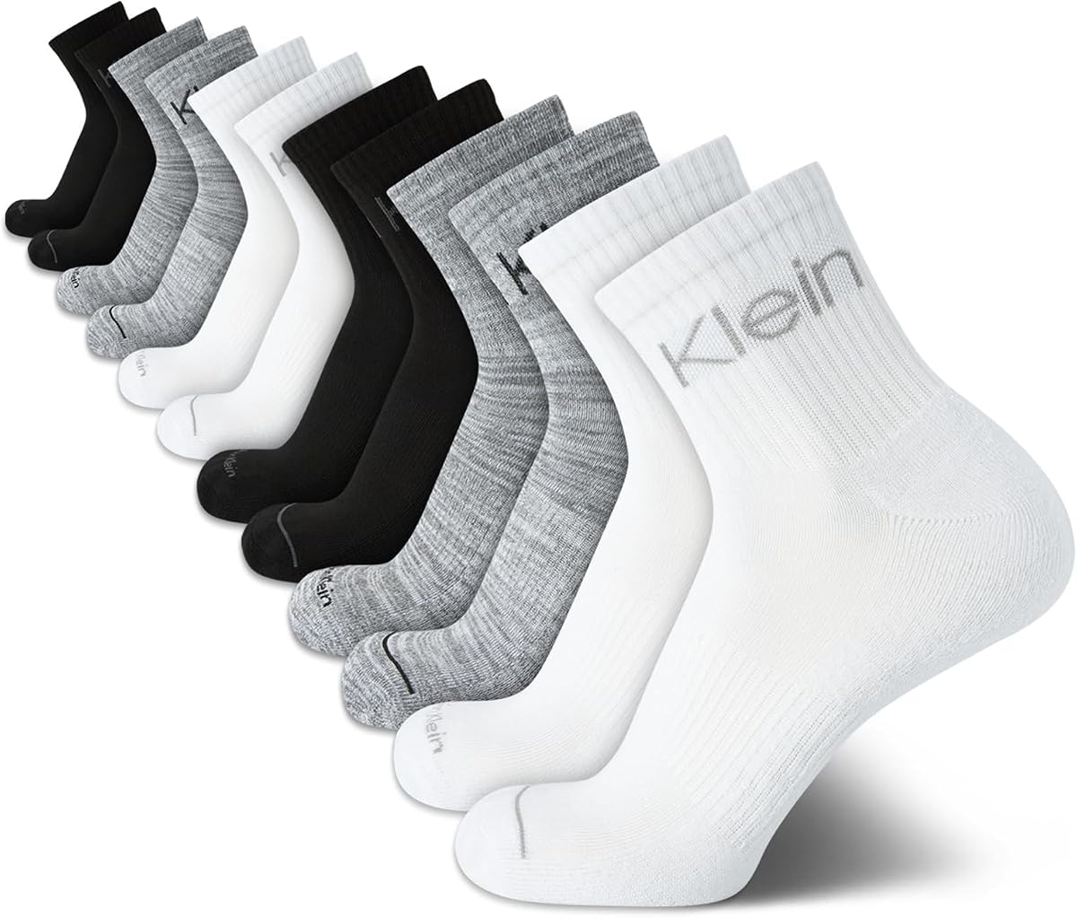 Calvin Klein Mens 12 Pack High Quarter Cut Crew Socks | Cushioned Footbed With Breathable Moisture Wicking Fabric and Snug Arch Band, Ankle Height Comfort for Running, Gym and Sport