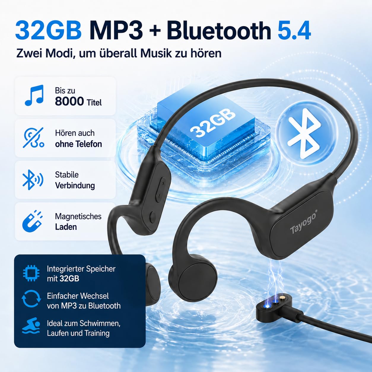 Tayogo Knochenschall Kopfhörer Schwimmen IPX8, Wasserdichter MP3 Player 32GB mit Bluetooth 5.4, Open-Ear Sport Kopfhörer mit Mikrofon, Schwimmkopfhörer für Pool, Meer, Triathlon, Laufen, Fitness, W26