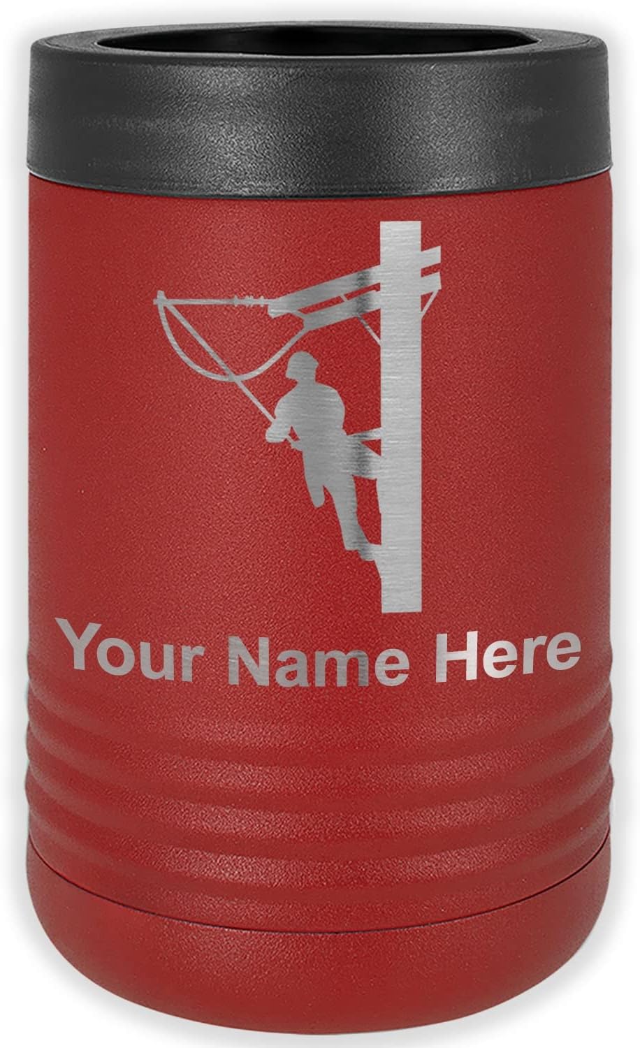 LaserGram Personalized 12 oz. Stainless Steel Can & Bottle Insulator, Lineman – Keeps Drinks Cold Longer (Maroon)