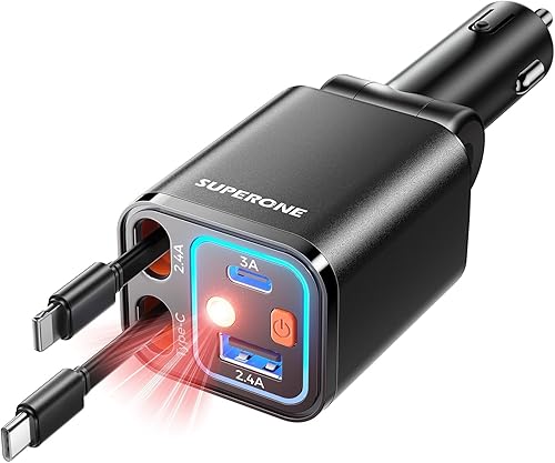 Miniatura 9 de 【Actualizado 2024】Cargador de Coche Retráctil 4 en 1, SUPERONE Cargador de Coche para Teléfono Más Pequeño y Rápido 69W con Cable, Adaptador de
