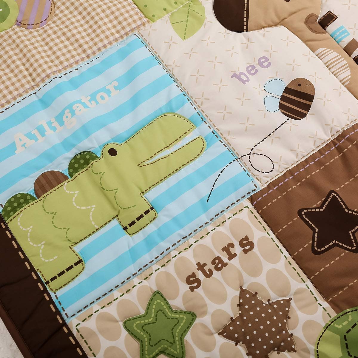 Brown Green Animal Theme Nursery Crib Bedding Set 4 Pieces Baby Boy Giraffe Turtle Birdie Crocodile Cot Bedding Set
