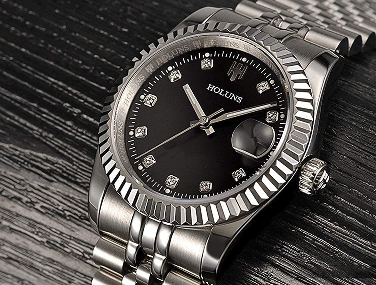 Gosasa Mens Gold Stainless Steel Watch Men Automatic Mechanical Self-Wind Watch Designer Dress Men Wristwatches (A- Silver Black)