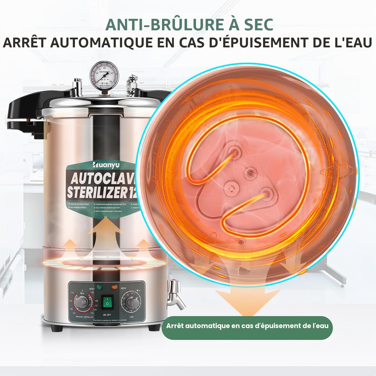 Huanyu 12L Autoclave Stérilisateur électrique de laboratoire à température et durée réglables Autoclave à ouverture rapide Stérilisateur à vapeur haute pression pour laboratoires Universités