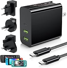 65W 3-Port Wall Charger for Steam Deck, YUANHOT USB C Travel Charger PD Power Adapter with 6.6ft Charging Cable & 3-Pack UK/ER/AU Plugs for Console, Controller, Laptops, Tablets, Mobile Phones