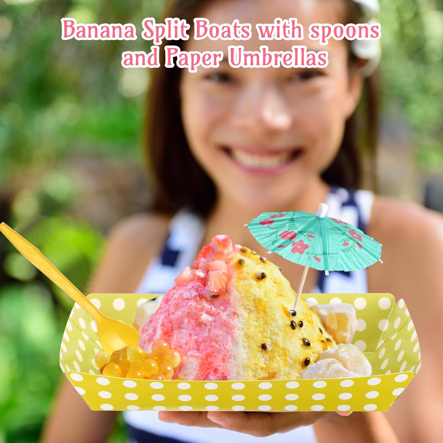 FoldTier 60 Set Colorful Food Trays Boat Paper Disposable Banana Split Boats with Umbrellas 8 oz Bowls for Birthday Summer Party Supplies Dessert (Polka Dot Style,Colorful)