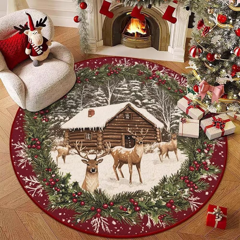 Odot Tapis Rond de Rennes de Noël, Lavable Rug de Salon, Chambre à Coucher, Ambiance Festive,Tapis Chambre, Couverture de Chevet Père Noël (Renne,160CM)