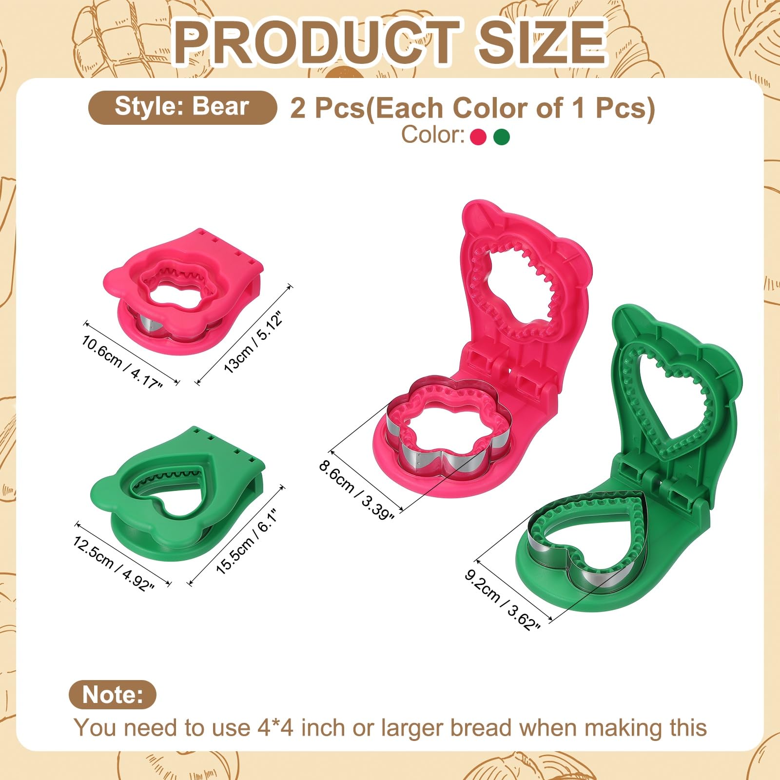 uxcell Lot de 2 emporte-pièces sans croûte, en forme de fleur/cœur - Incrustables - Pour pain, biscuits - Pour le petit déjeuner, le déjeuner et le thé de l'après-midi (rose rouge/vert)