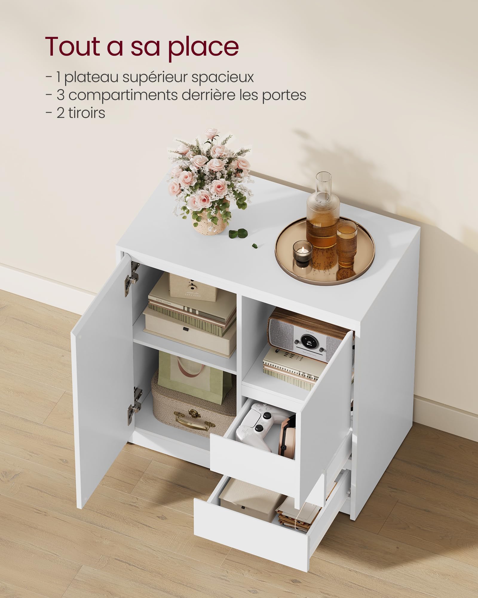 VASAGLE Kailyn Collection - Buffet, Armoire de Rangement, avec Porte et Étagère Réglable en Hauteur, 2 Tiroirs, Moderne, 70 x 40 x 74,5 cm, pour Salon, Salle à Manger, Bureau, Blanc Nuage BBK243W01V1