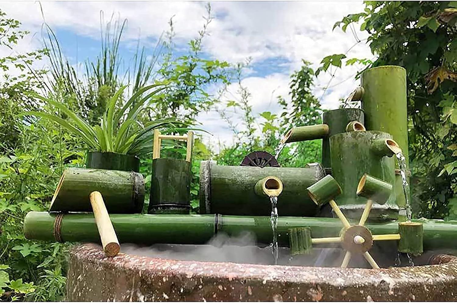 MINGZI Bamboo Fountain with Water Pump, Outdoor Garden Landscaping Fountain Ornaments, Japanese Garden Water Decor, Zen Water Fountain Decoration,Fish Tank Pool Circulating Water Fountain,75CM