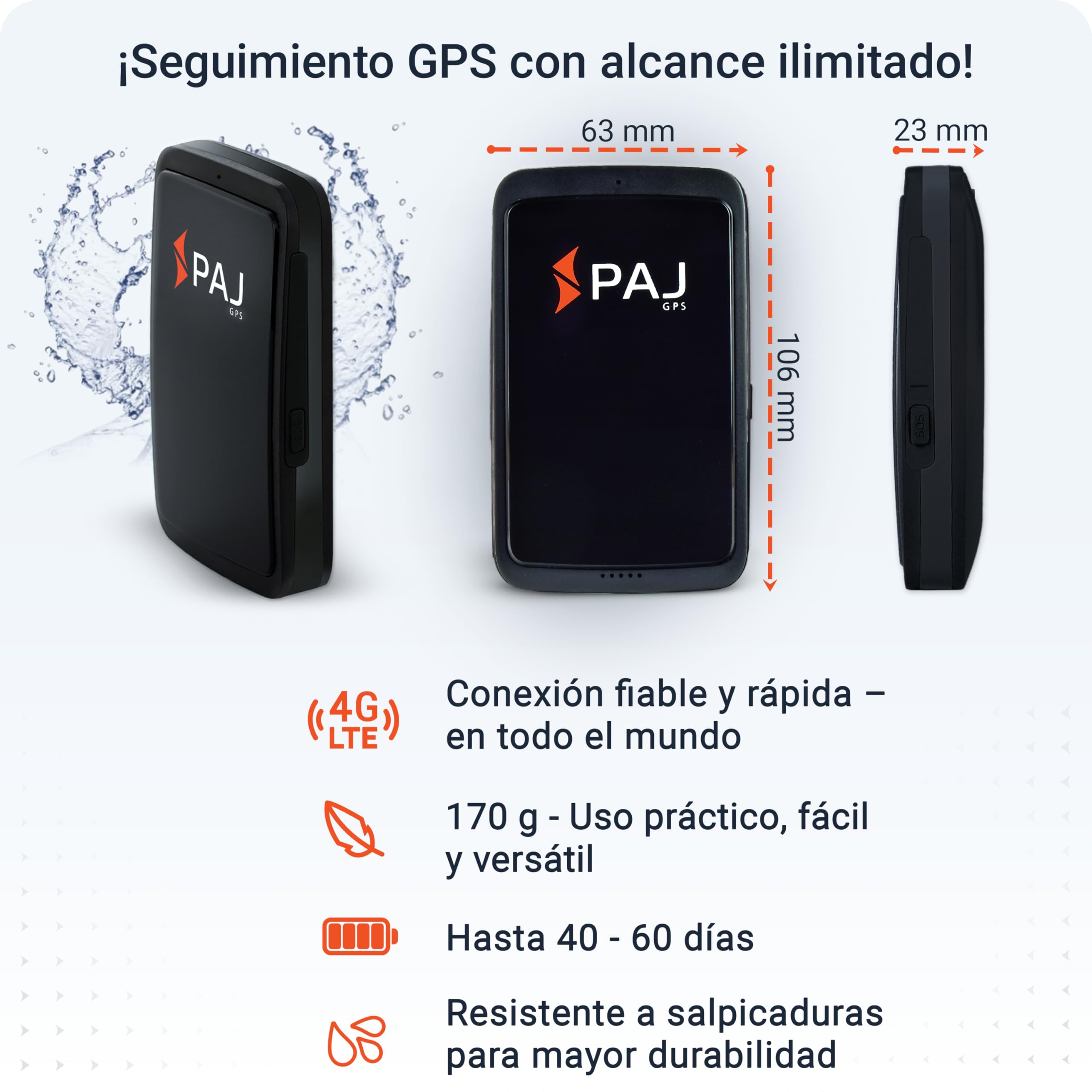 PAJ Allround Finder 4G - Rastreador GPS para Coches, Motos, Niños, Mayores y Demencia - Mensajes de Voz - Rastreo en Tiempo Real con Botón de Emergencia SOS - hasta 60 Días de Batería