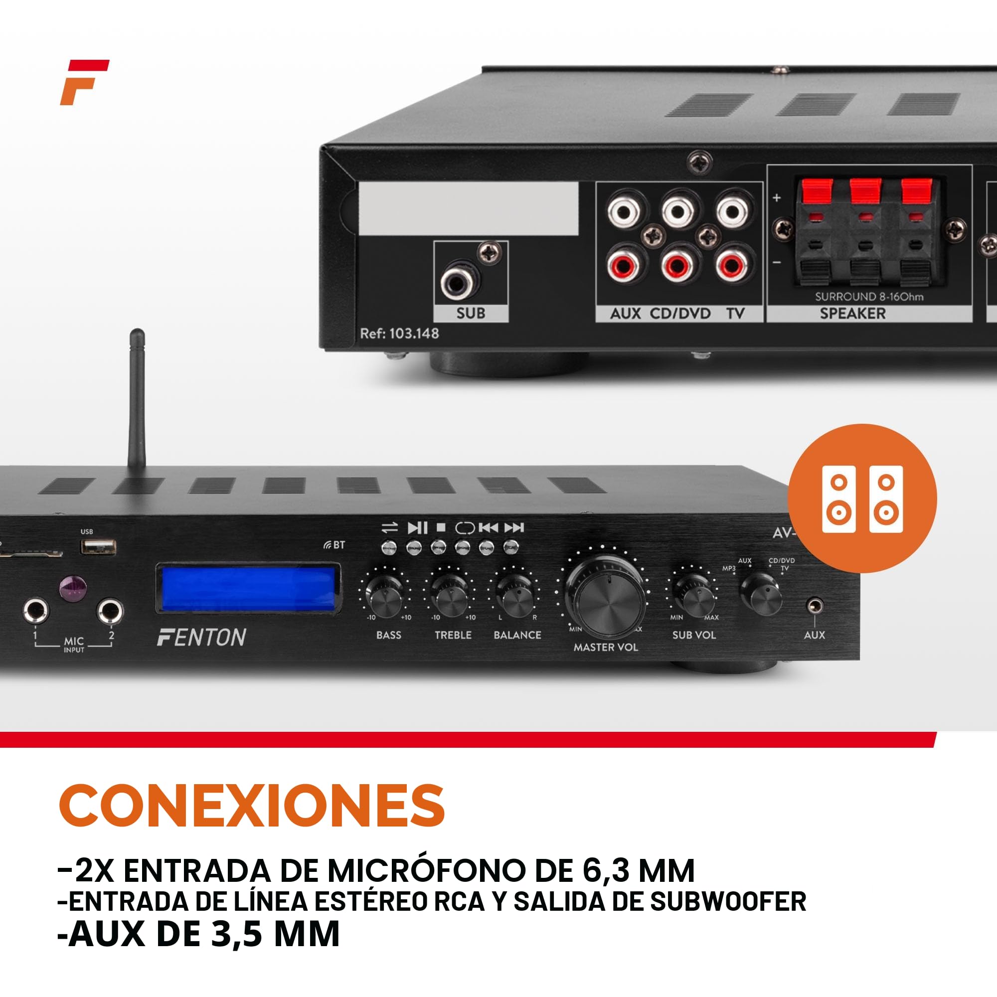 Fenton AV-150BT - Receptor Amplificador 5.1 con Bluetooth, 380 W, Radio FM, MP3, SD y Puerto USB, conexión para 2 micrófonos con Efecto Eco, Amplificador 5.1 para Cine en casa y Karaoke - Negro