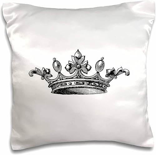 3D Rose pc_151405_1 Funda de almohada con diseño de corona majestuosa, tiara real, arte vintage, tamaño King, Queen, princesa, negroblanco, 16 x 16