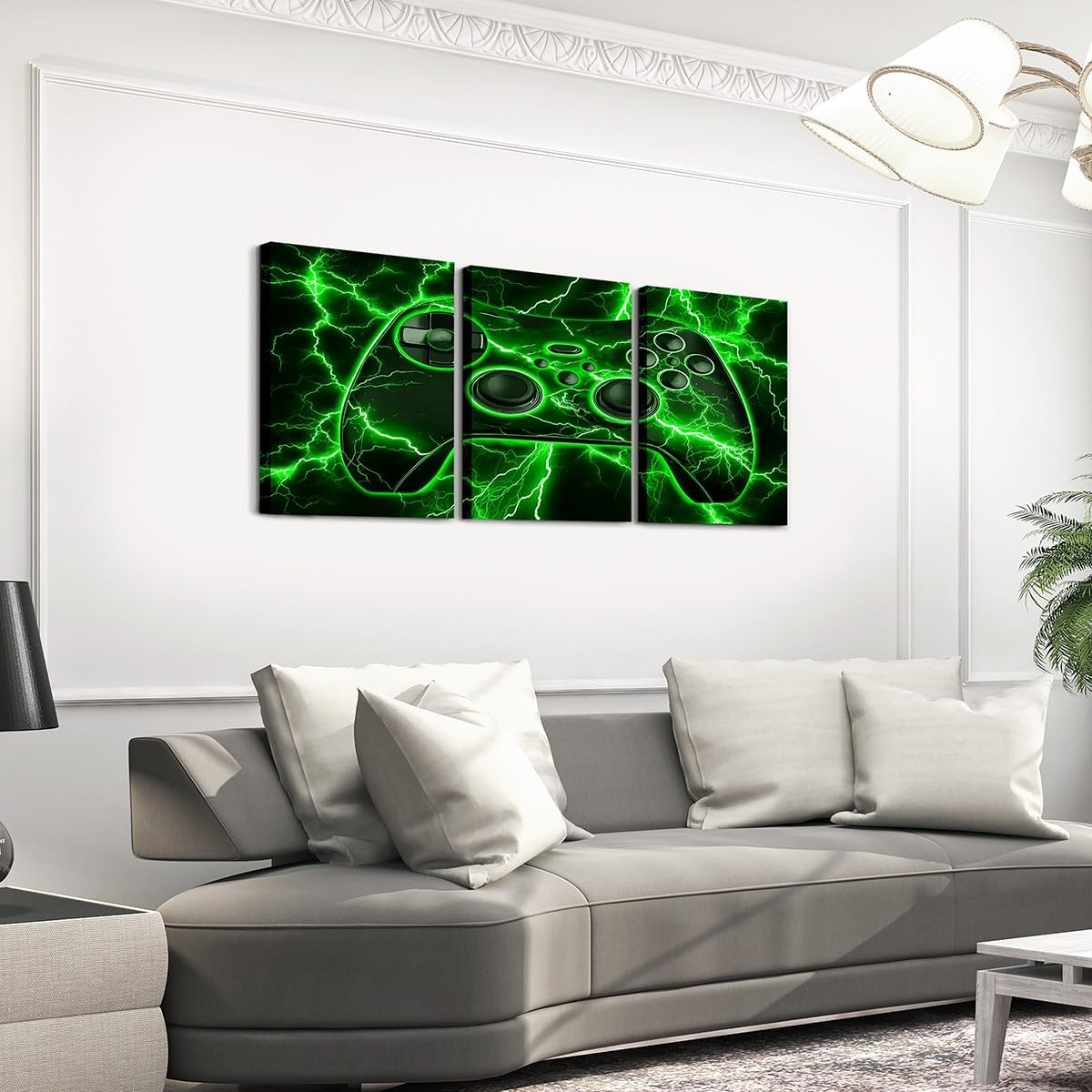Erosebridal Gamer Canvas Wall Art Set of 3, Gaming Artwork Posters Video Game Console Green Lightning Bathroom Pictures Wall Decor 16" L x 12" W Each,Boys Bedroom Decor