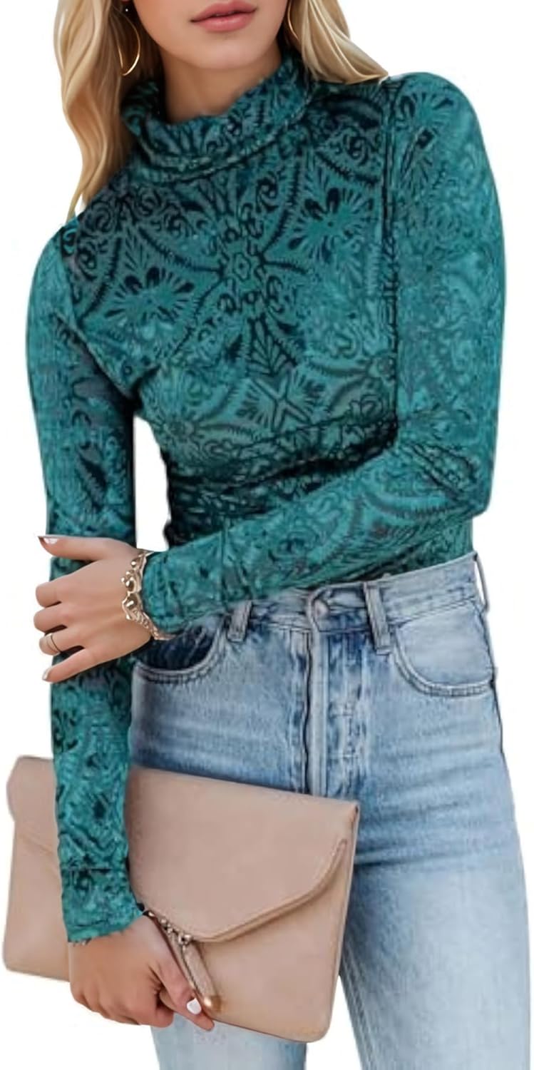 Womens Slim Fit Velvet Burnout Top - Mockneck Long Sleeve Semi See Through Blouse Elegant Shirt for Party/Date/Night Out