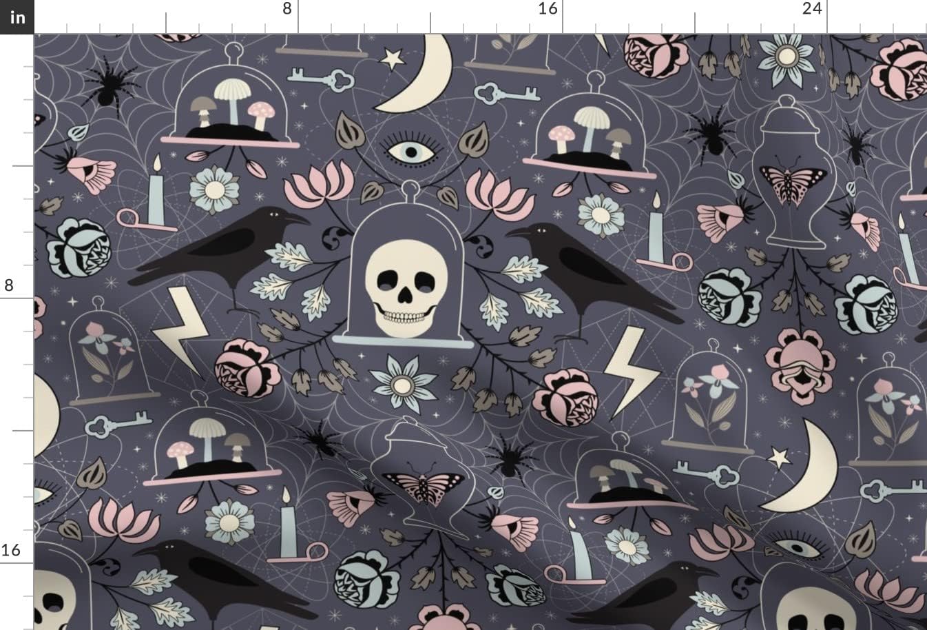 Spoonflower Fabric - Dark Academia Gothic Skulls Crows Ravens Specimens Pink Florals Beige Printed on Upholstery Velvet Fabric Fat Quarter - Upholstery Home Decor Bottomweight Apparel