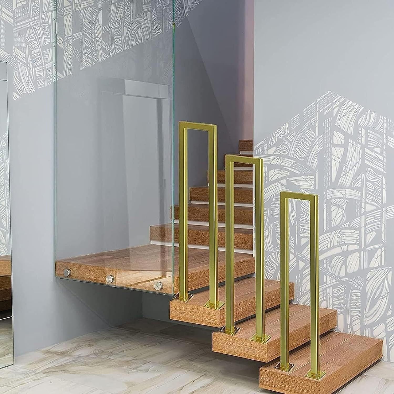 Stair Railing Indoor, U-Shaped Stairs Handrail, Metal Wrought Iron Modern Stair Railing, Villa Garden Loft Support Bar, for Home Villa Loft Decorative Fence(Gold,55CM/1.8FT)