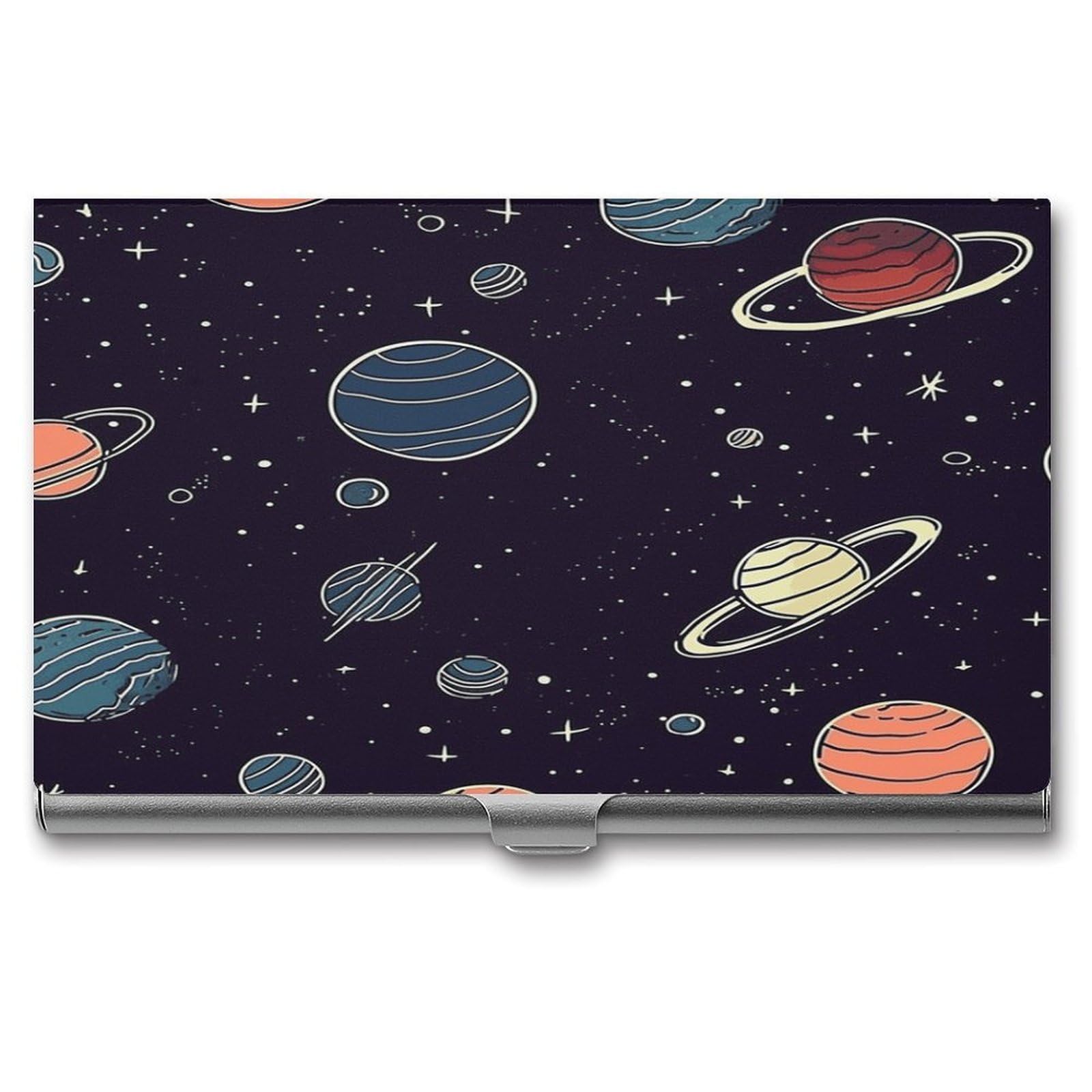 JTREHY Space Planet Pattern Business Card Holder Slim Purse Name Card Holder Portable Metal Business Card Case Wallet Large Capacity Lightweight Business Card Case for Men Women
